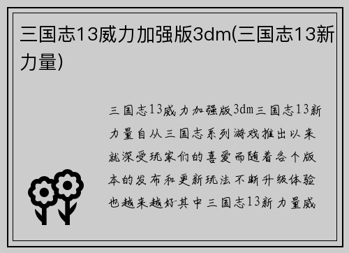 三国志13威力加强版3dm(三国志13新力量)