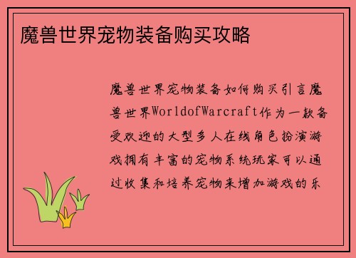 魔兽世界宠物装备购买攻略